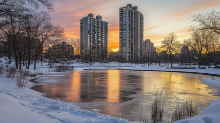 Obraz premium Serene Winter City Park with Partially Frozen Pond Reflecting a Vibrant Sunset Sky, Golden Hues on Snow-Covered Ground, Framed by Tall Apartment Buildings