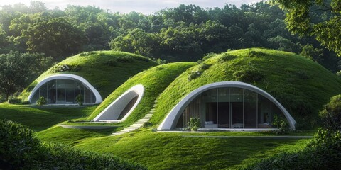 Fototapeta premium Eco-friendly homes nestled in a green hillside, forest background, sustainable living.