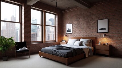 Fototapeta premium Modern bedroom with brick walls and city view.