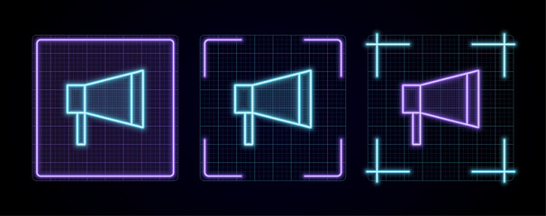  Megaphone speaker icon illustration, cyber neon visual, glowing border grid vector.