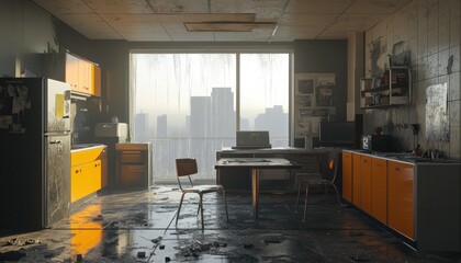 Obraz premium Abandoned Office Kitchen with Sunset City View and Distressed Features