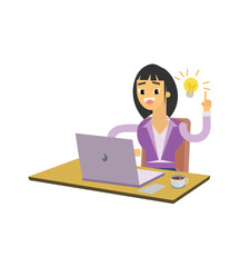 Vector illustration of woman working using laptop getting interesting idea, cute cartoon illustration