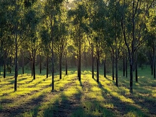 Obraz premium Sunlit Eucalyptus Grove, Morning Light, Australian Landscape, Peaceful Nature Scene, Background for Relaxation.