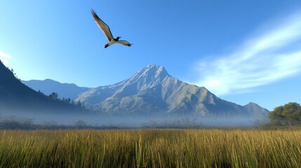 Naklejka premium Serene landscape with mountains, grasslands, and a flying bird.