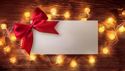 A blank white card with a red bow is surrounded by warm yellow string lights on a dark wooden background.