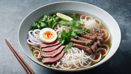 Delicious bowl of beef pho with herbs, lime, and soft-boiled egg served in a stylish setting