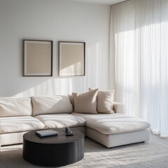 A white couch with a black coffee table in the middle