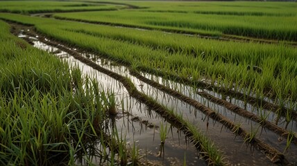 Fototapeta premium Waterlogged rice paddy field with irrigation channels.