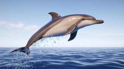 Dolphin leaping above ocean waves under a clear blue sky.