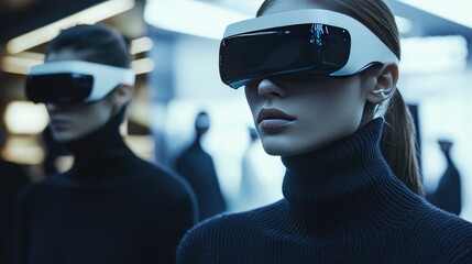 Women Wearing Futuristic Virtual Reality Headsets
