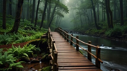 Obraz premium Misty forest walkway over a tranquil stream. Wooden bridge through lush green foliage, misty atmosphere.