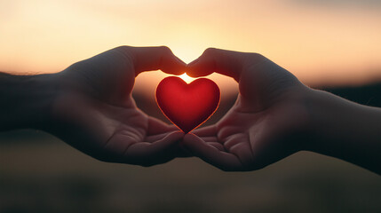 Obraz premium romantic scene featuring two hands forming heart shape around red heart against sunset backdrop, symbolizing love and connection.
