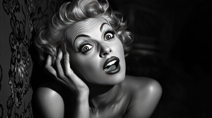 A Woman with a Startled Expression in Black and White