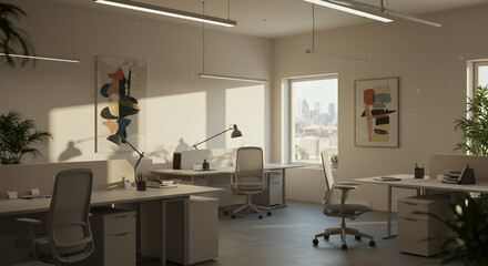 Modern Minimalist Office Workspace with Natural Light and Abstract Art