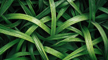Obraz premium A close-up of dew-covered grass blades on a vibrant green lawn.