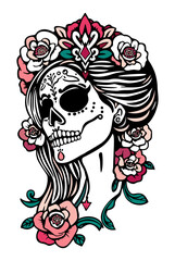 Catrina head. Woman sugar skull. Mexican Day of the Dead. Vector isolated illustration in tattoo style
