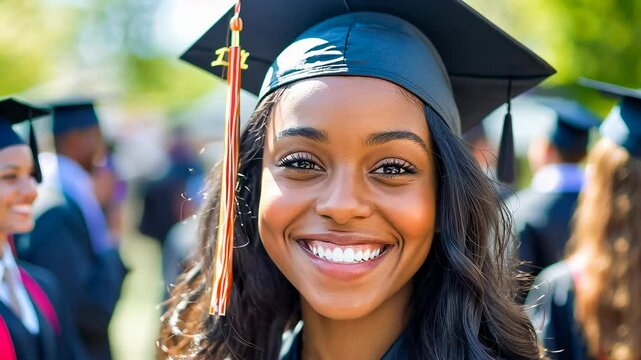 A joyful young Black woman, around 20, smiles brightly in a graduation cap and gown. The sun shines warmly, creating a festive atmosphere filled with classmates celebrating this significant milestone.