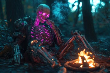 Fototapeta premium Glowing Skeleton Rests By Campfire In Dark Forest