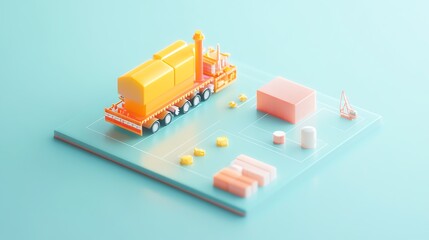 A colorful, stylized model of a train on a geometric platform, featuring various shapes in pastel colors against a soft blue background.