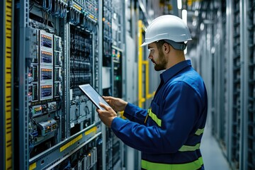 Technician inspects server rack using a digital tablet