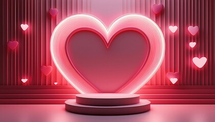 A neon heart and floating hearts surround a platform on a pink, lined background
