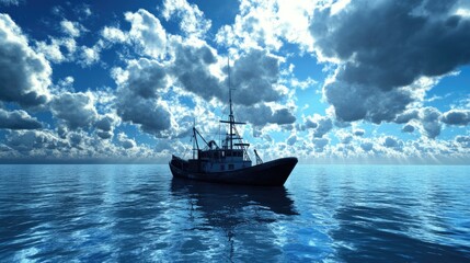 Obraz premium A fishing boat in the center of a vast blue sea under fluffy clouds.