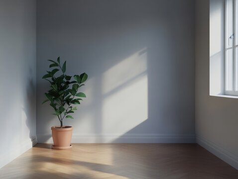 A small potted plant sits in a corner of a room