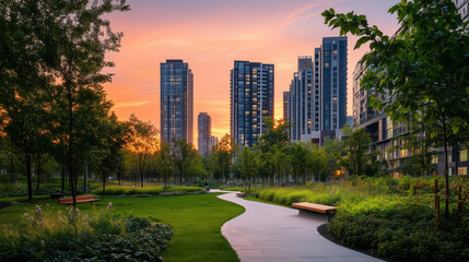 Obraz premium Serene Urban Park at Sunset with Vibrant Greenery, Walking Paths Lined with Tall Trees, a Sky Glowing in Pink and Orange Hues, and Framed by Modern City Buildings and Apartments