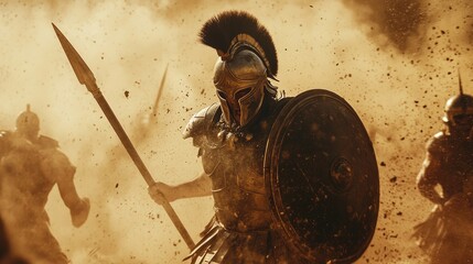 Spartan Warrior Charging Into Battle Amidst Dust