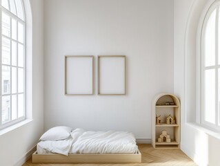 Fototapeta premium A bedroom with a bed and a wooden shelf