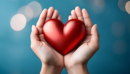 Fototapeta premium A red heart is gently held in two cupped hands, against a soft, blurred blue background
