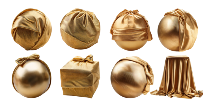 Sphere and box covered with gold cloth, set collection, mega bundle, isolated on transparent background