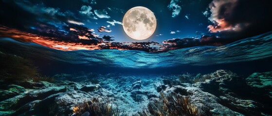 Stunning underwater scene at night.  Full moon illuminates the ocean surface above a vibrant coral reef. Mystical and serene.