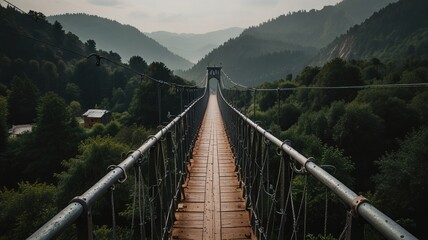 Obraz premium Wooden suspension bridge spanning a valley with lush green forest and mountains in the background.