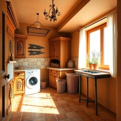 Laundry room interior design. Mediterranean concept laundry room interior design. 3D Rendering interior.
