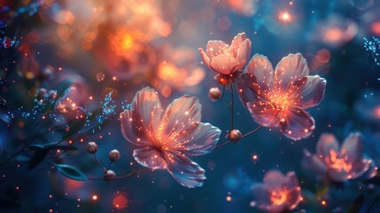 Naklejka premium A beautifully enchanting and magical scene captures delicate flowers glowing with ethereal lights in a dreamlike environment, full of wonder