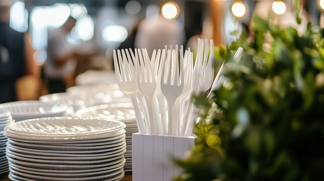 Elegant dining setup with white plates and plastic forks arranged on a restaurant table, surrounded by greenery and ambient lighting, ideal for events and catering