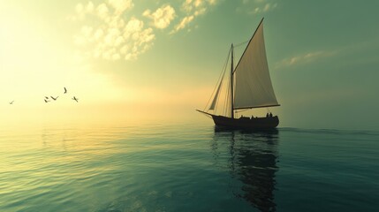Fototapeta premium A picturesque sailboat riding calm waves in a serene ocean.