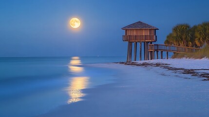 Serene Beach House Under a Full Moon