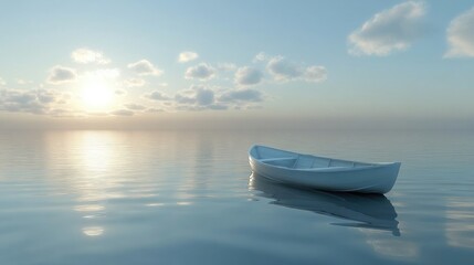 Naklejka premium A reflective ocean surface with a centered rowboat drifting calmly.