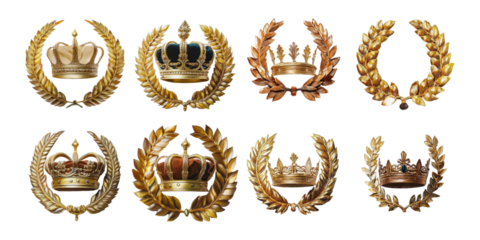 Ornate crowns and laurel wreath designs, set collection, mega bundle, isolated on transparent background