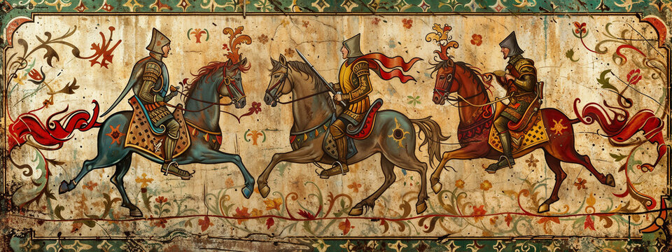 Decorative frieze showing three mounted knights in armor galloping across floral background with ornate swirls and patterns, rendered in medieval illuminated style.