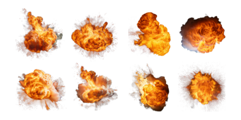 Comic explosive fire cloud game effect, png collection isolated on transparent background
