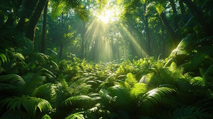 Obraz premium Lush green forest with sunlight filtering through trees, creating a serene atmosphere.