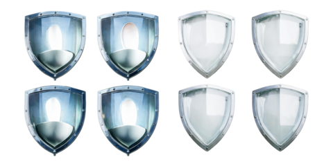 Glass transparent security guard shields with metal frame, set collection, mega bundle, isolated on transparent background