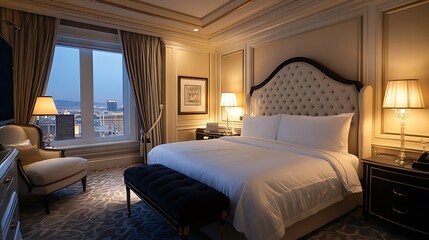 Luxury Hotel Room with City View at Dusk