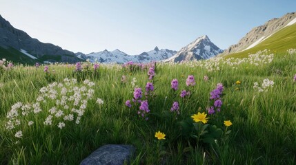 Obraz premium Scenic mountain landscape with vibrant wildflowers in a meadow.