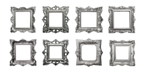 Silver decorative frame with shadows and highlights, set collection, mega bundle, isolated on transparent background
