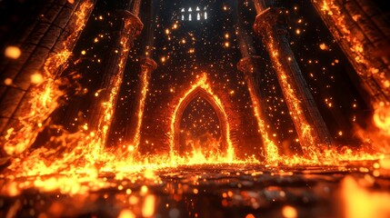 Fototapeta premium Raging inferno in abandoned building, red-orange flames, city skyline in background