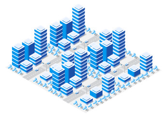Naklejka premium Isometric view of a modern urban city covered with snow during the cold winter season, featuring buildings, roads, and trees